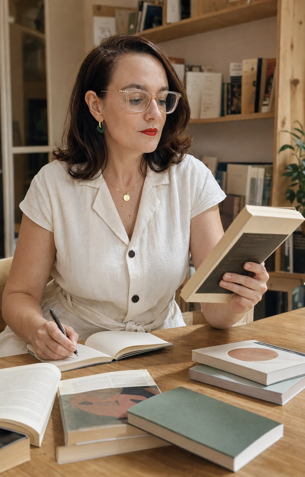 Maribel Barrau comparando libros y tomando notas para elegir una lectura con criterio